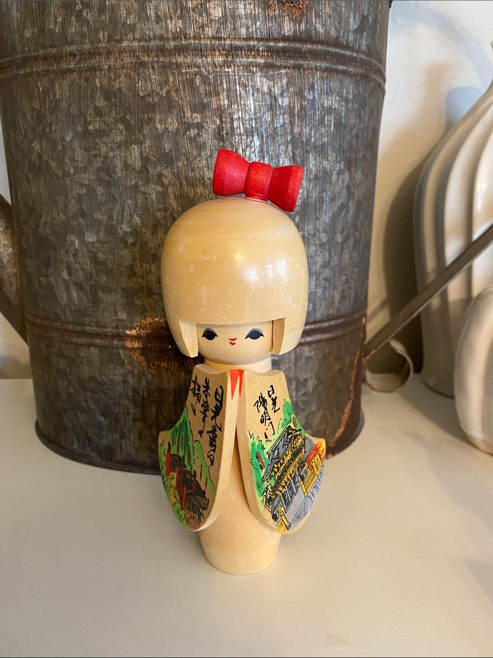 Hand-Painted Vintage Japanese Kokeshi Dolls - Natural Wood & Red Accents - Picture 3 of 7